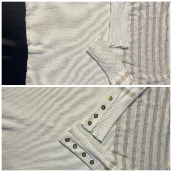 Guess Keyhole Knit Sweater w/ Long Sleeves in White/Gold Stripes SZ-LG - Picture 3 of 7